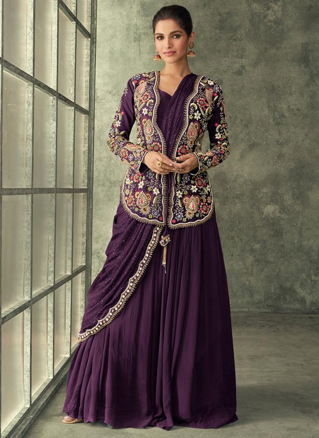 Real Georgette Wine Party Wear Embroidery Work Readymade Indo Western